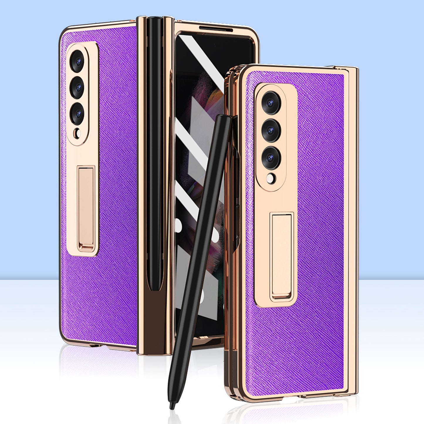 Screen Protector Design Cross Texture PU Leather Coated TPU + PC Phone Case with Hinge Pen Holder and Kickstand for Samsung Galaxy Z Fold3 5G