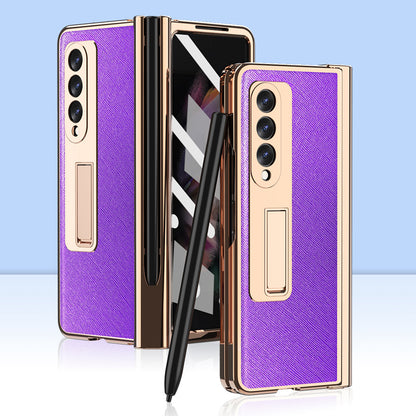 Screen Protector Design Cross Texture PU Leather Coated TPU + PC Phone Case with Hinge Pen Holder and Kickstand for Samsung Galaxy Z Fold3 5G