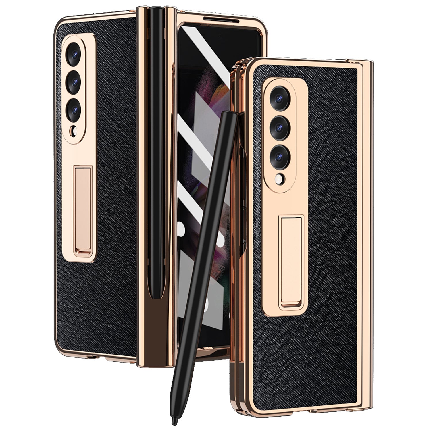 Screen Protector Design Cross Texture PU Leather Coated TPU + PC Phone Case with Hinge Pen Holder and Kickstand for Samsung Galaxy Z Fold3 5G