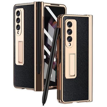 Screen Protector Design Cross Texture PU Leather Coated TPU + PC Phone Case with Hinge Pen Holder and Kickstand for Samsung Galaxy Z Fold3 5G