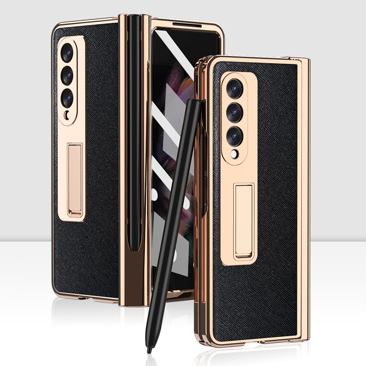 Screen Protector Design Cross Texture PU Leather Coated TPU + PC Phone Case with Hinge Pen Holder and Kickstand for Samsung Galaxy Z Fold3 5G