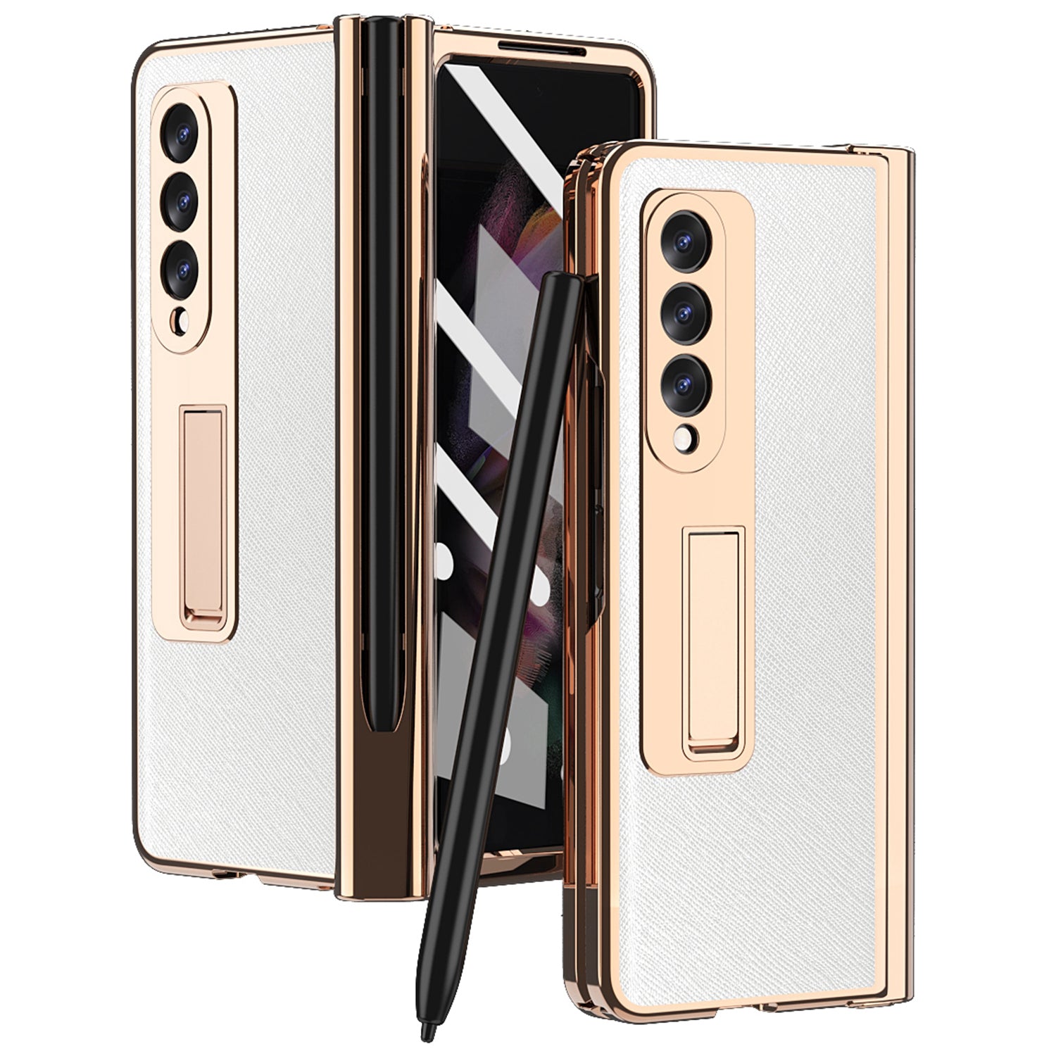 Screen Protector Design Cross Texture PU Leather Coated TPU + PC Phone Case with Hinge Pen Holder and Kickstand for Samsung Galaxy Z Fold3 5G