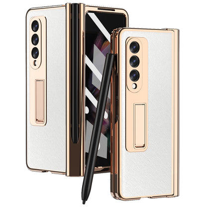 Screen Protector Design Cross Texture PU Leather Coated TPU + PC Phone Case with Hinge Pen Holder and Kickstand for Samsung Galaxy Z Fold3 5G