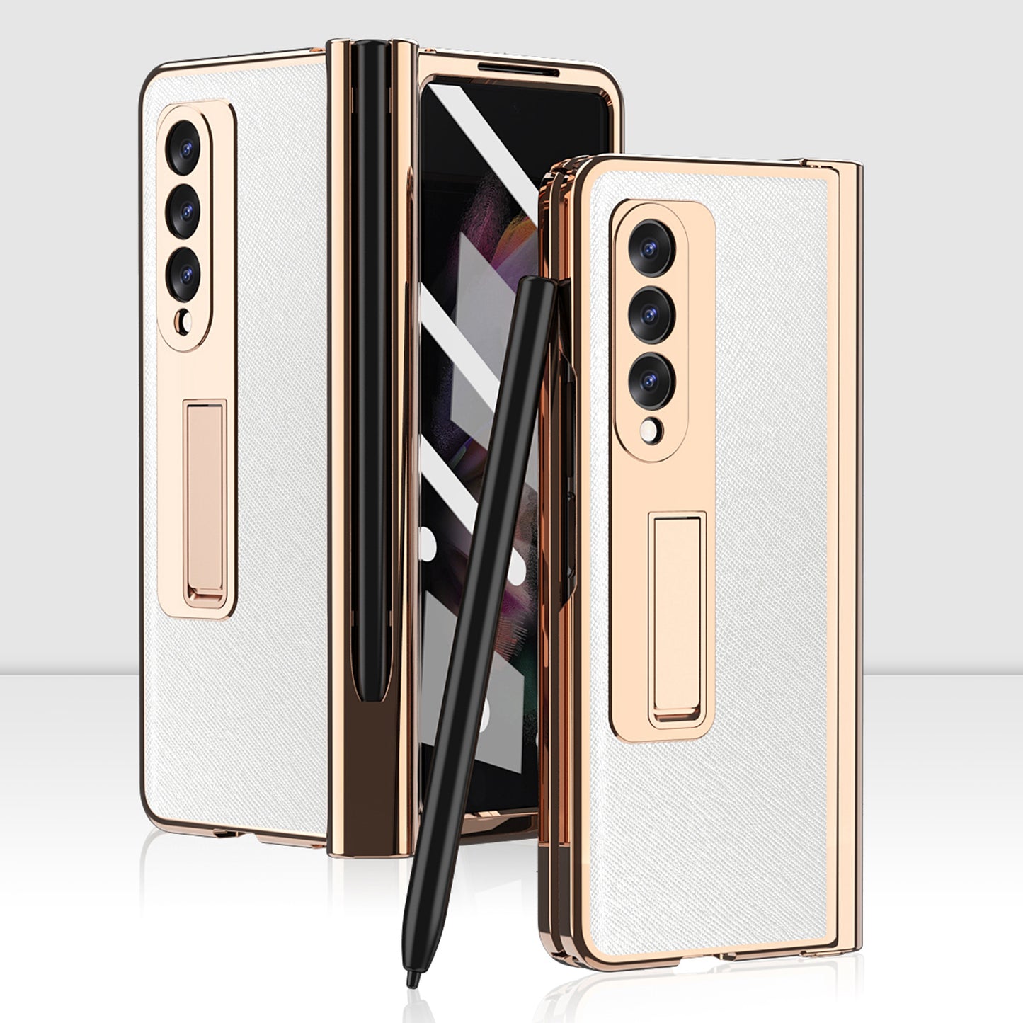 Screen Protector Design Cross Texture PU Leather Coated TPU + PC Phone Case with Hinge Pen Holder and Kickstand for Samsung Galaxy Z Fold3 5G