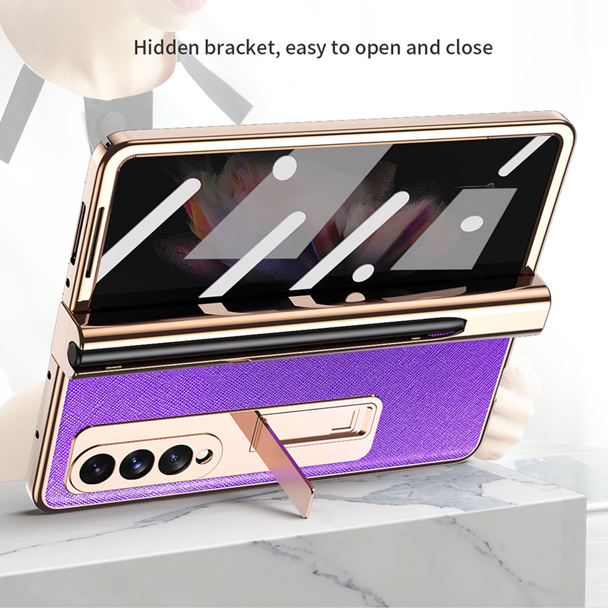 Screen Protector Design Cross Texture PU Leather Coated TPU + PC Phone Case with Hinge Pen Holder and Kickstand for Samsung Galaxy Z Fold3 5G