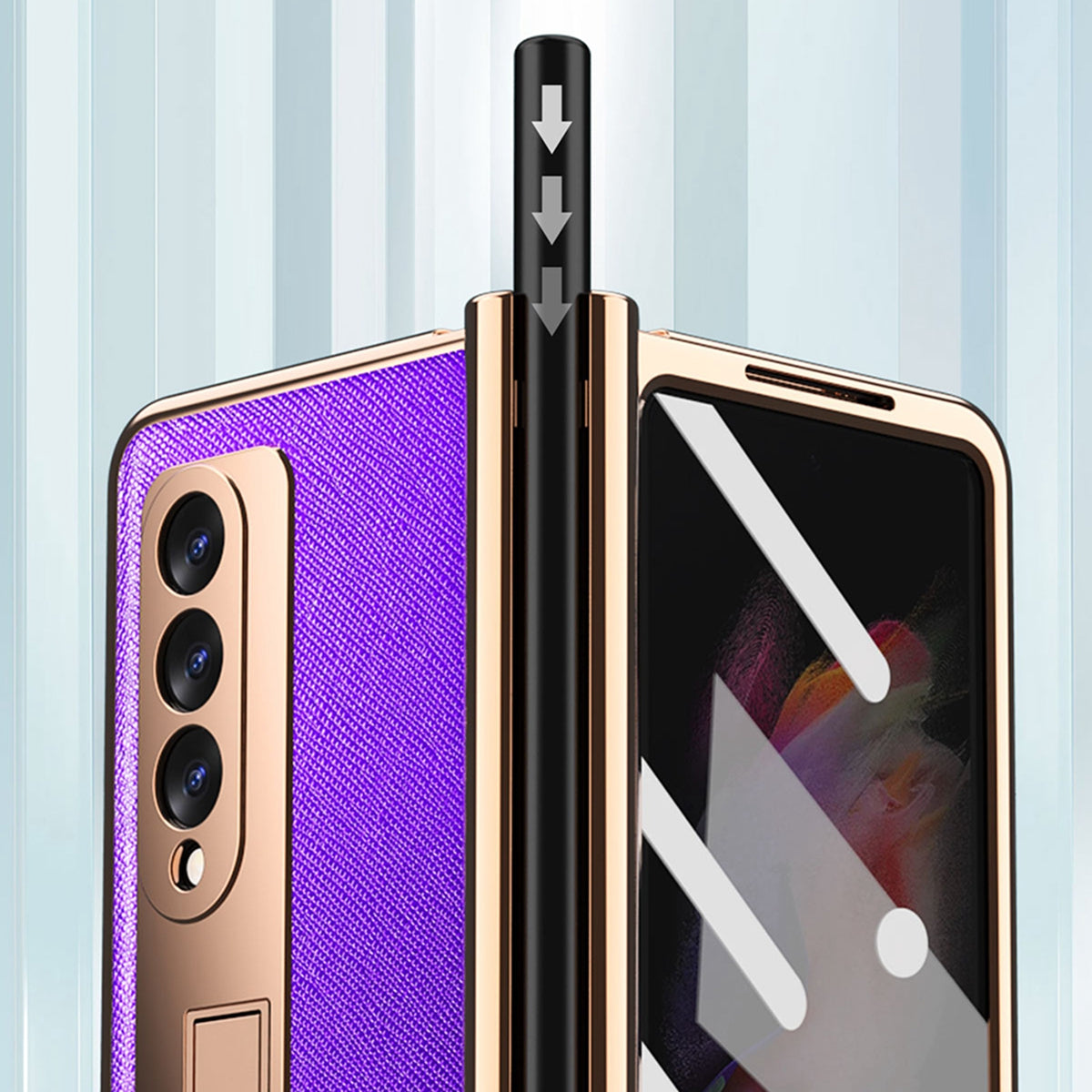 Screen Protector Design Cross Texture PU Leather Coated TPU + PC Phone Case with Hinge Pen Holder and Kickstand for Samsung Galaxy Z Fold3 5G