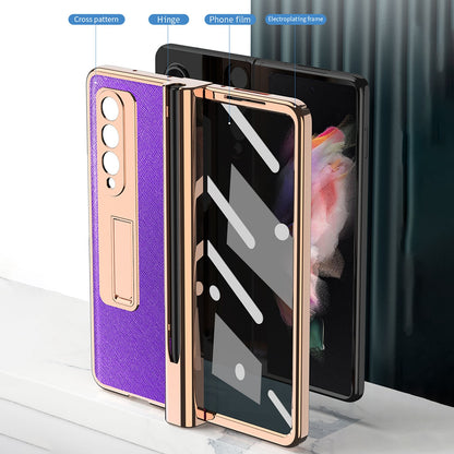 Screen Protector Design Cross Texture PU Leather Coated TPU + PC Phone Case with Hinge Pen Holder and Kickstand for Samsung Galaxy Z Fold3 5G