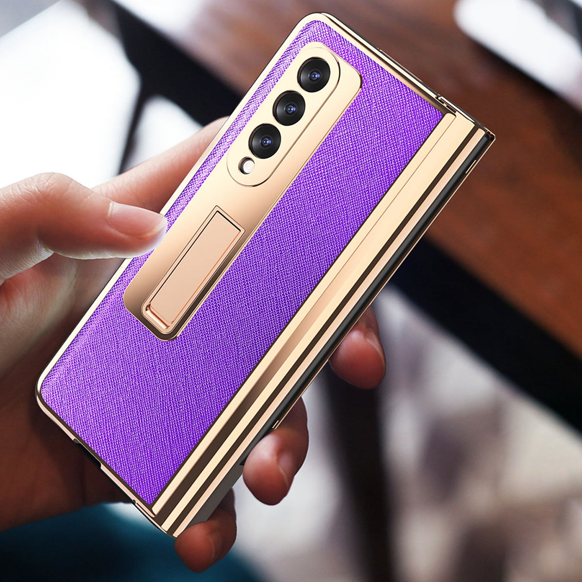 Screen Protector Design Cross Texture PU Leather Coated TPU + PC Phone Case with Hinge Pen Holder and Kickstand for Samsung Galaxy Z Fold3 5G
