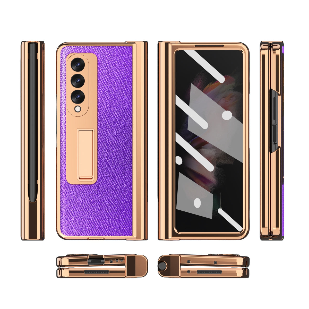 Screen Protector Design Cross Texture PU Leather Coated TPU + PC Phone Case with Hinge Pen Holder and Kickstand for Samsung Galaxy Z Fold3 5G