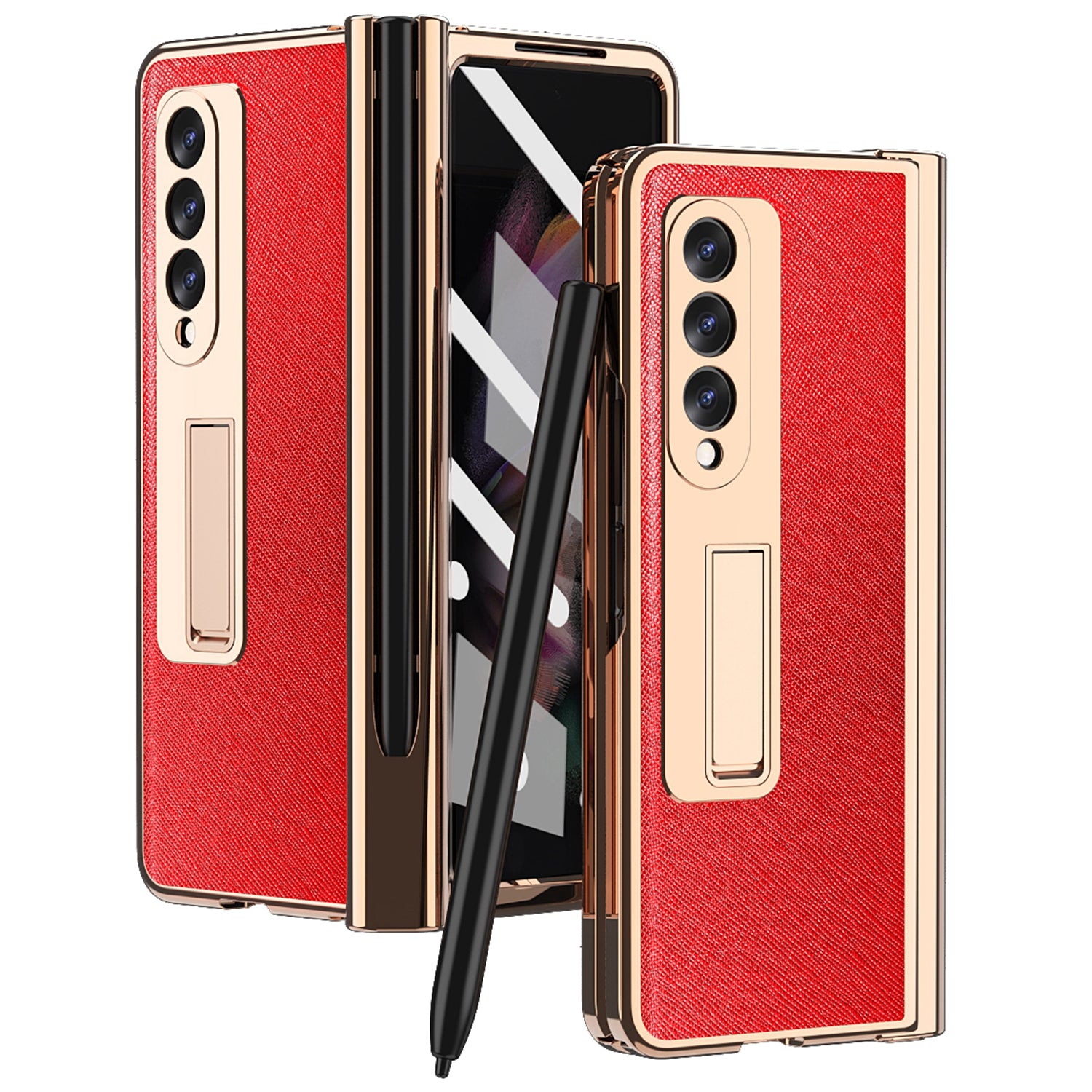Screen Protector Design Cross Texture PU Leather Coated TPU + PC Phone Case with Hinge Pen Holder and Kickstand for Samsung Galaxy Z Fold3 5G