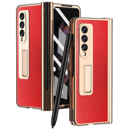 Screen Protector Design Cross Texture PU Leather Coated TPU + PC Phone Case with Hinge Pen Holder and Kickstand for Samsung Galaxy Z Fold3 5G
