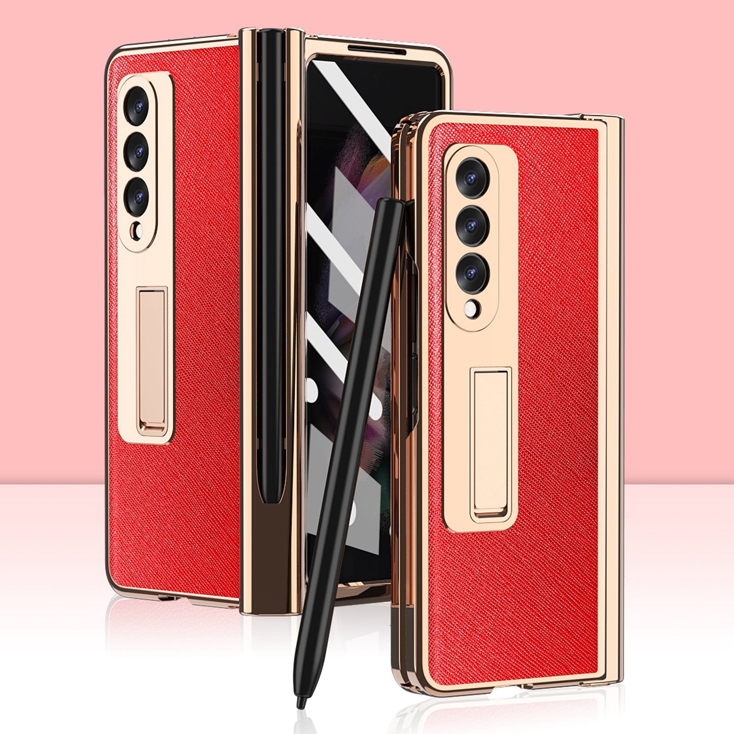 Screen Protector Design Cross Texture PU Leather Coated TPU + PC Phone Case with Hinge Pen Holder and Kickstand for Samsung Galaxy Z Fold3 5G