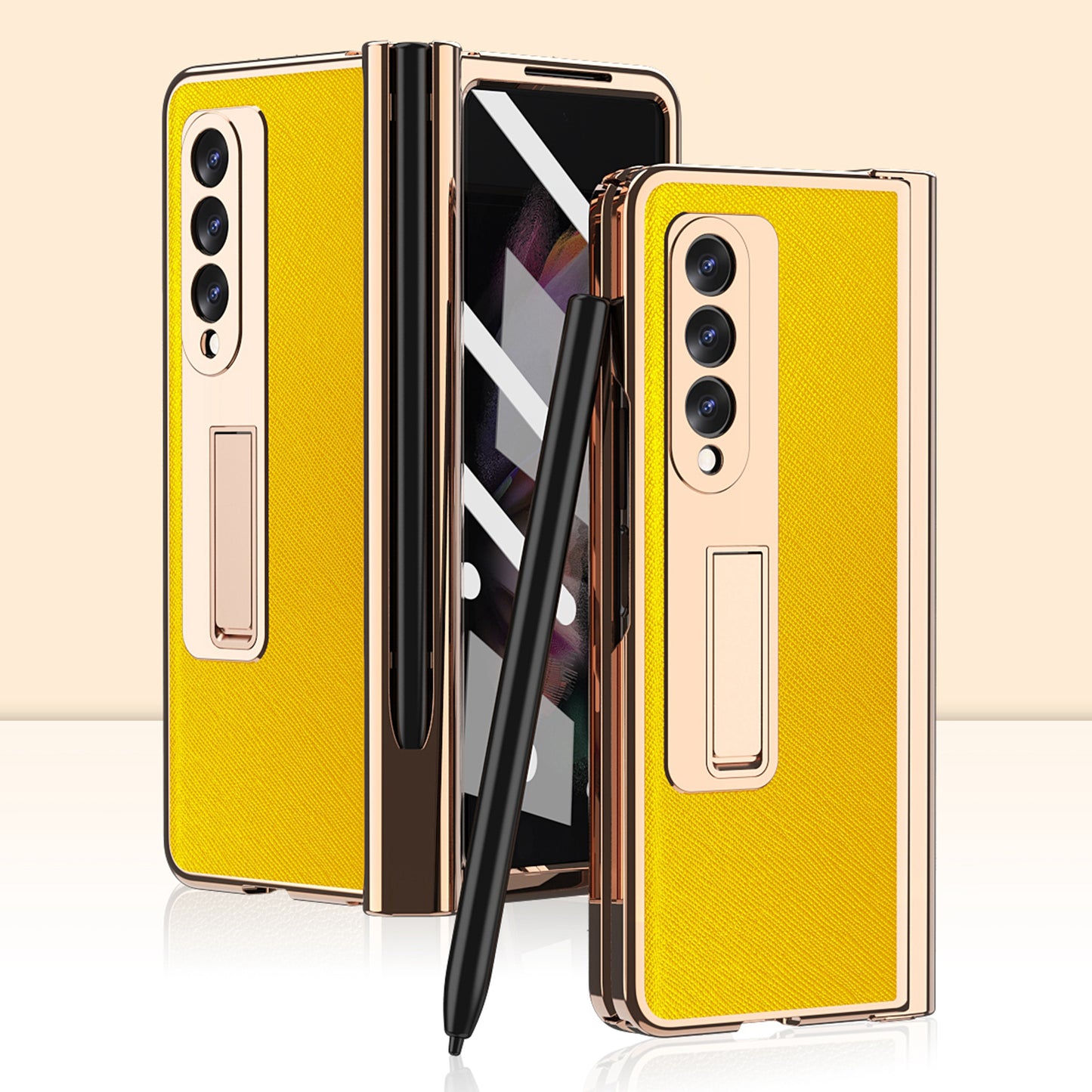 Screen Protector Design Cross Texture PU Leather Coated TPU + PC Phone Case with Hinge Pen Holder and Kickstand for Samsung Galaxy Z Fold3 5G