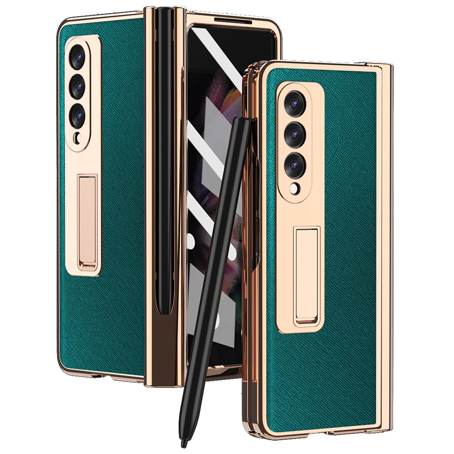Screen Protector Design Cross Texture PU Leather Coated TPU + PC Phone Case with Hinge Pen Holder and Kickstand for Samsung Galaxy Z Fold3 5G