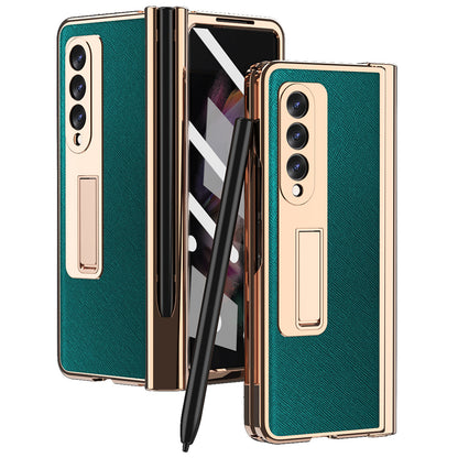 Screen Protector Design Cross Texture PU Leather Coated TPU + PC Phone Case with Hinge Pen Holder and Kickstand for Samsung Galaxy Z Fold3 5G