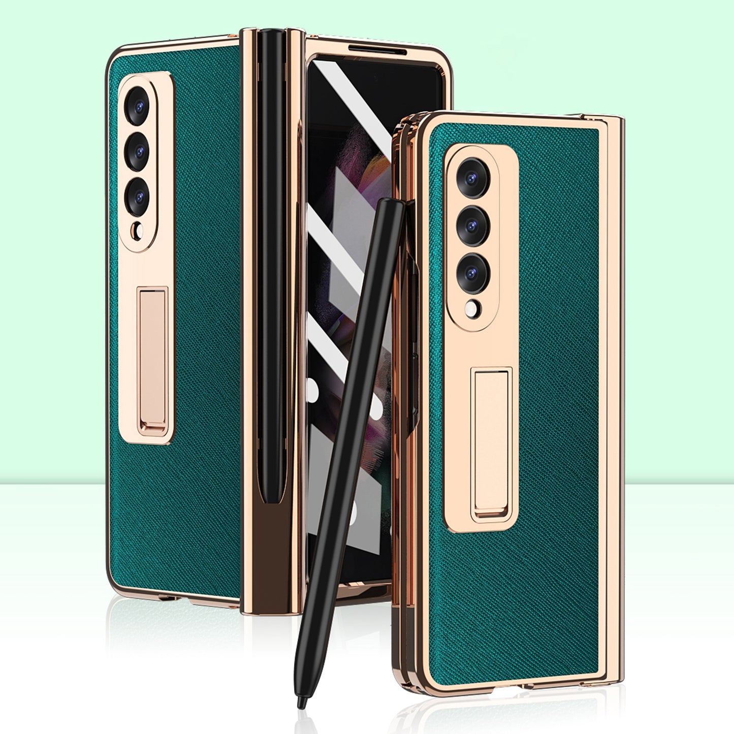 Screen Protector Design Cross Texture PU Leather Coated TPU + PC Phone Case with Hinge Pen Holder and Kickstand for Samsung Galaxy Z Fold3 5G