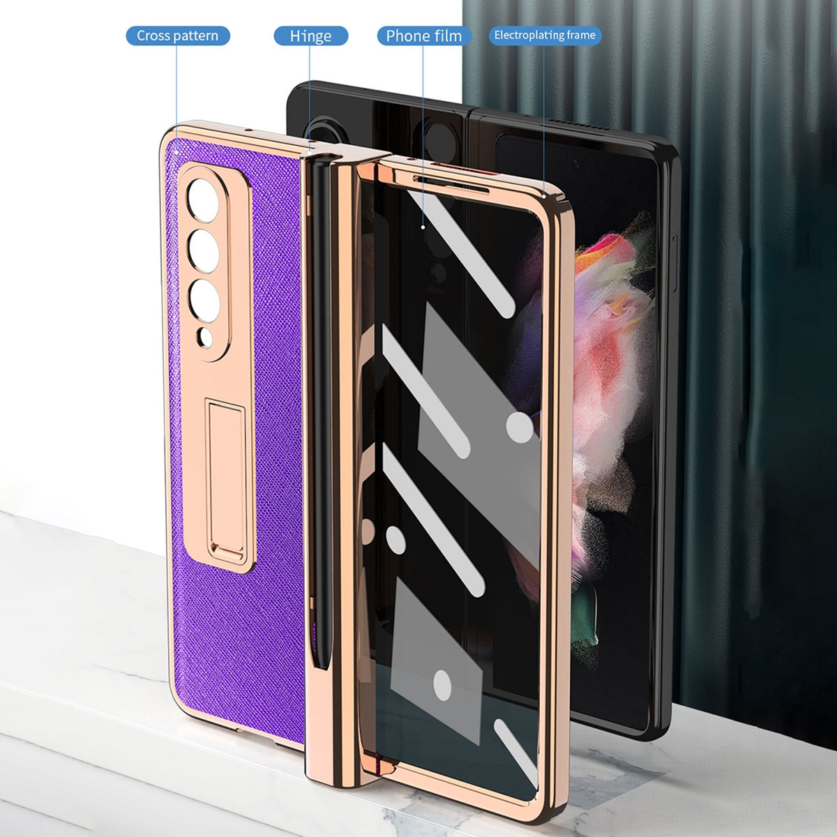 Screen Protector Design Cross Texture PU Leather Coated TPU + PC Phone Case with Hinge Pen Holder and Kickstand for Samsung Galaxy Z Fold3 5G