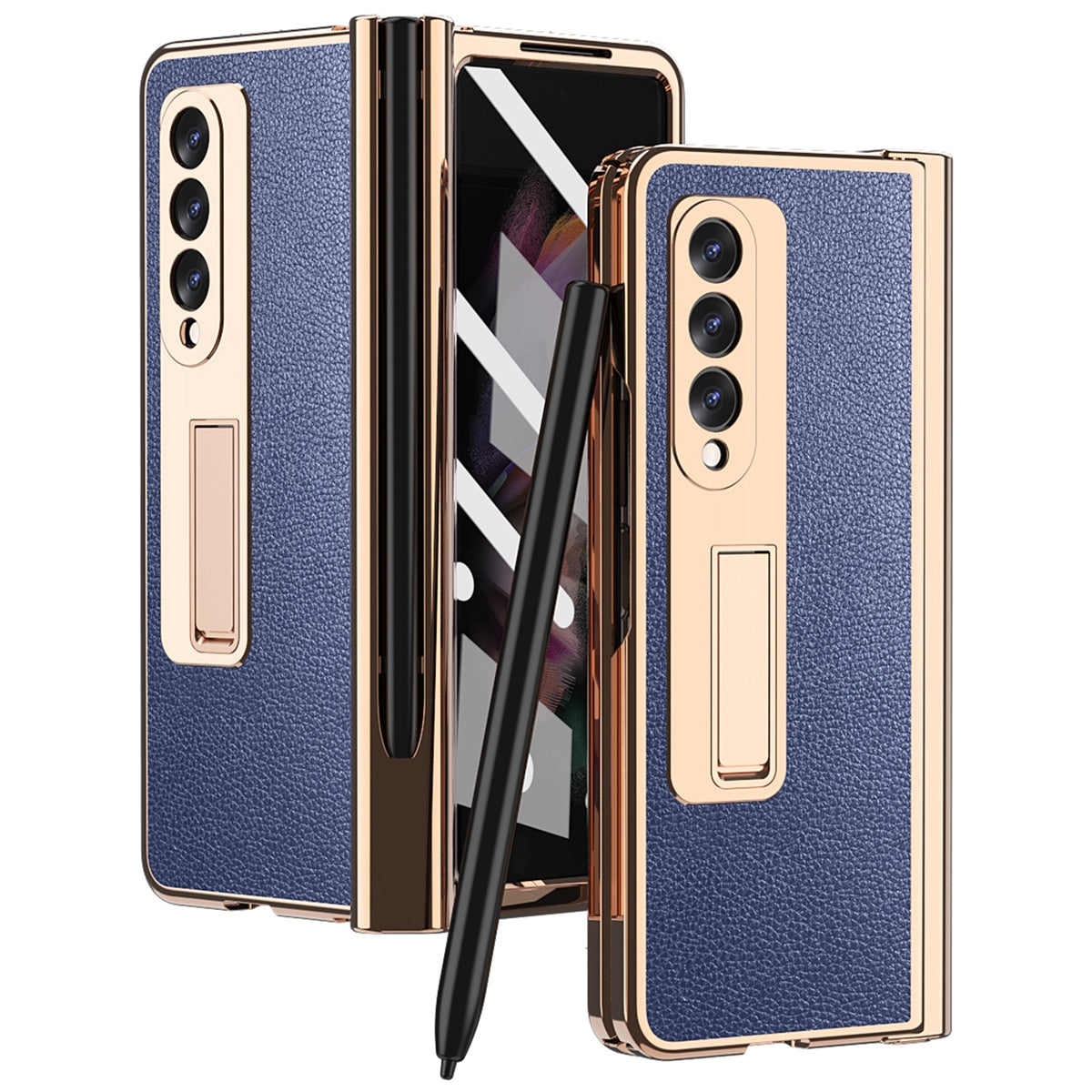 Litchi Texture Screen Protector PU Leather Coated TPU + PC Kickstand Phone Case Shell with Hinge Pen Holder for Samsung Galaxy Z Fold3 5G