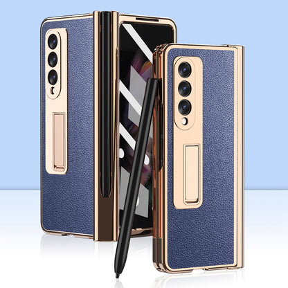 Litchi Texture Screen Protector PU Leather Coated TPU + PC Kickstand Phone Case Shell with Hinge Pen Holder for Samsung Galaxy Z Fold3 5G