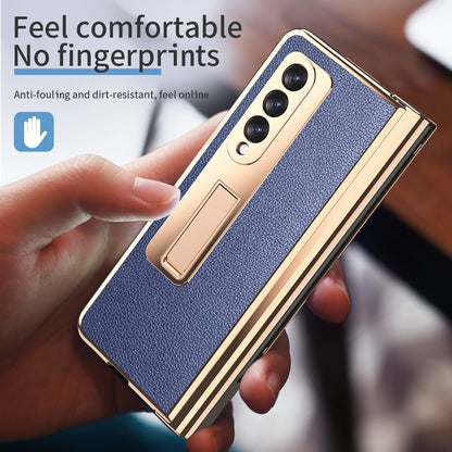 Litchi Texture Screen Protector PU Leather Coated TPU + PC Kickstand Phone Case Shell with Hinge Pen Holder for Samsung Galaxy Z Fold3 5G