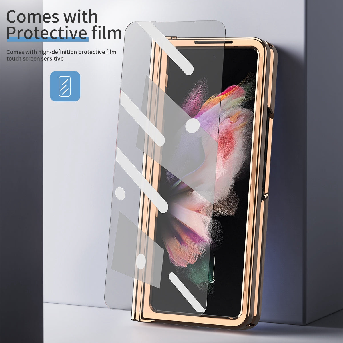Litchi Texture Screen Protector PU Leather Coated TPU + PC Kickstand Phone Case Shell with Hinge Pen Holder for Samsung Galaxy Z Fold3 5G