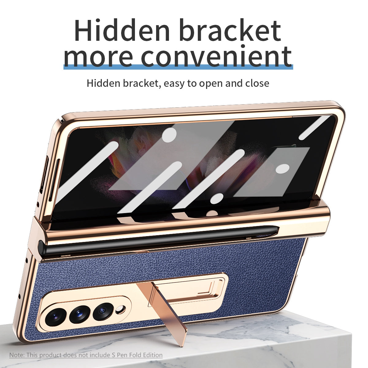 Litchi Texture Screen Protector PU Leather Coated TPU + PC Kickstand Phone Case Shell with Hinge Pen Holder for Samsung Galaxy Z Fold3 5G