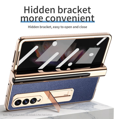 Litchi Texture Screen Protector PU Leather Coated TPU + PC Kickstand Phone Case Shell with Hinge Pen Holder for Samsung Galaxy Z Fold3 5G