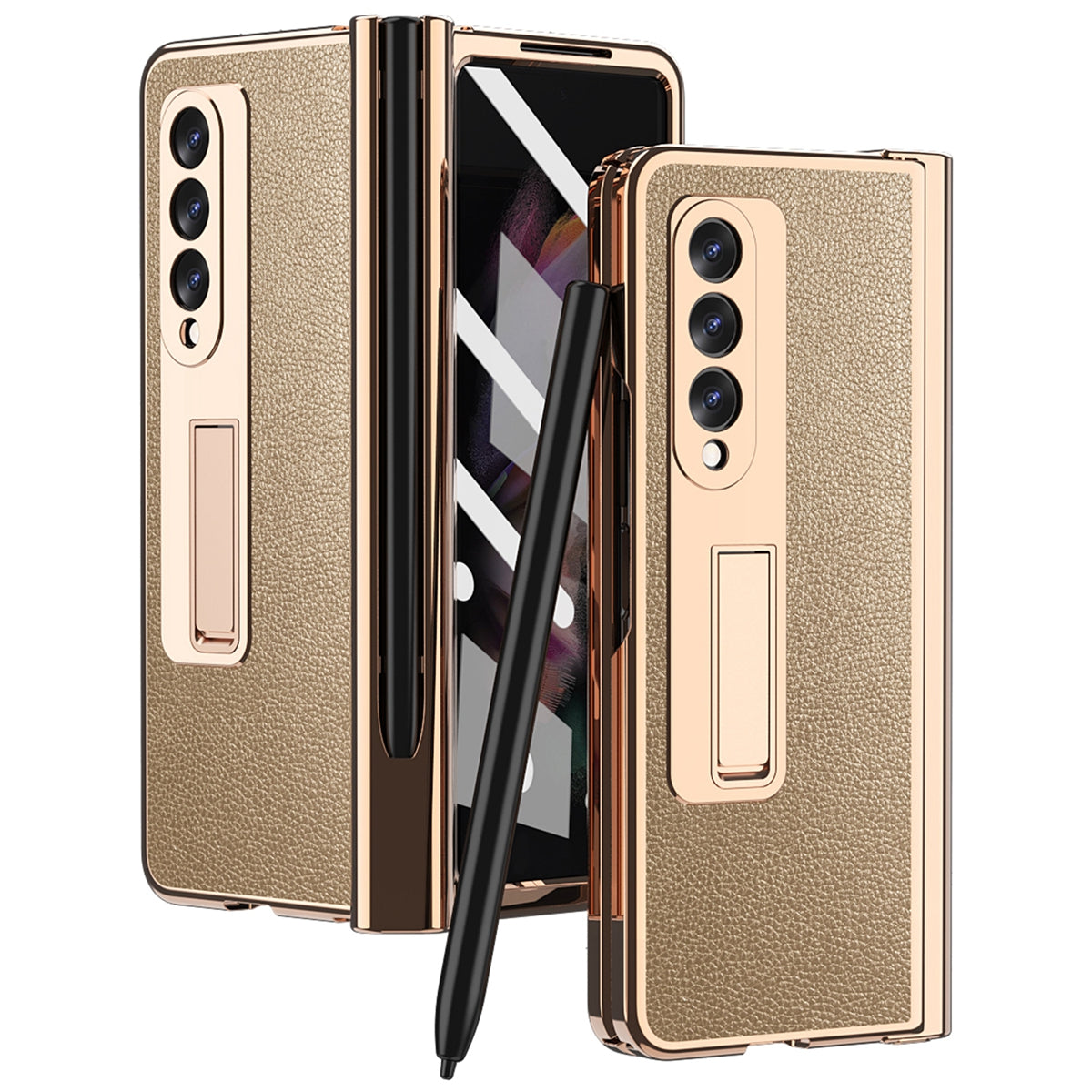 Litchi Texture Screen Protector PU Leather Coated TPU + PC Kickstand Phone Case Shell with Hinge Pen Holder for Samsung Galaxy Z Fold3 5G