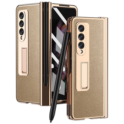 Litchi Texture Screen Protector PU Leather Coated TPU + PC Kickstand Phone Case Shell with Hinge Pen Holder for Samsung Galaxy Z Fold3 5G