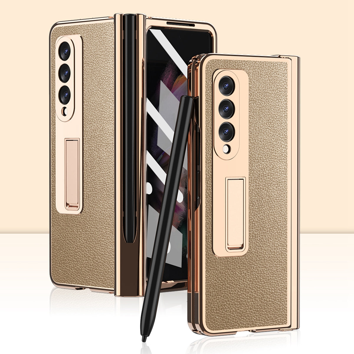 Litchi Texture Screen Protector PU Leather Coated TPU + PC Kickstand Phone Case Shell with Hinge Pen Holder for Samsung Galaxy Z Fold3 5G