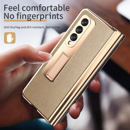 Litchi Texture Screen Protector PU Leather Coated TPU + PC Kickstand Phone Case Shell with Hinge Pen Holder for Samsung Galaxy Z Fold3 5G