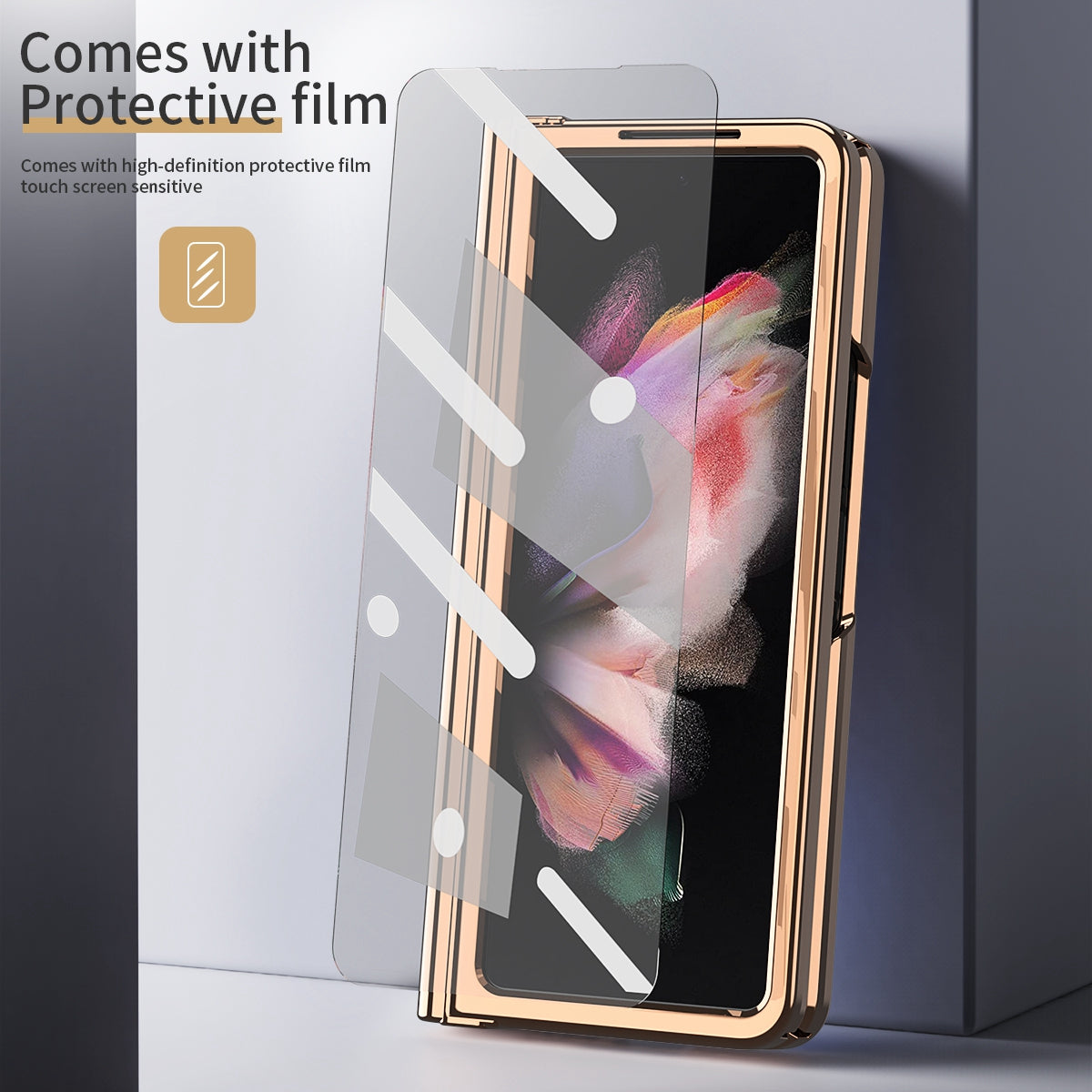 Litchi Texture Screen Protector PU Leather Coated TPU + PC Kickstand Phone Case Shell with Hinge Pen Holder for Samsung Galaxy Z Fold3 5G