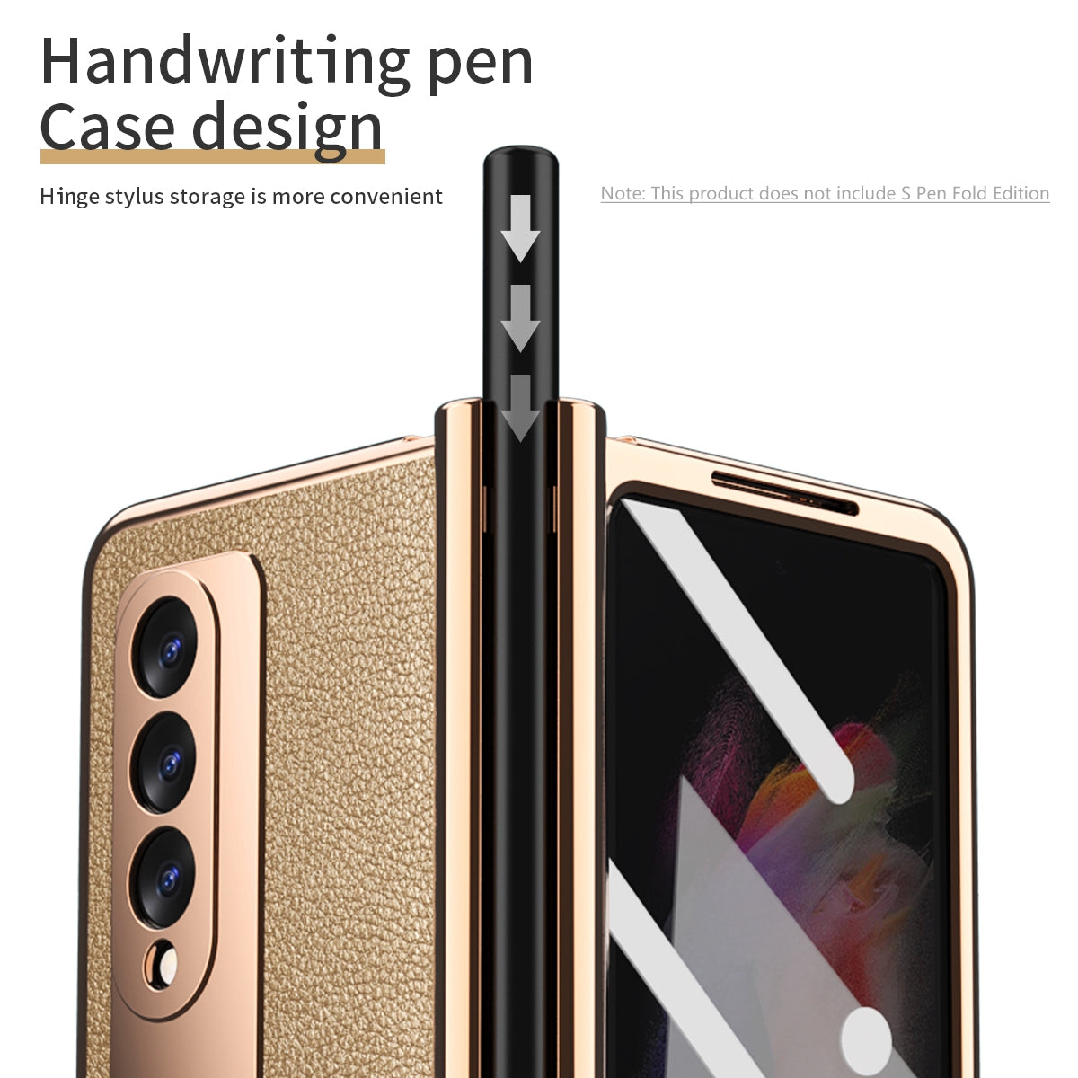 Litchi Texture Screen Protector PU Leather Coated TPU + PC Kickstand Phone Case Shell with Hinge Pen Holder for Samsung Galaxy Z Fold3 5G