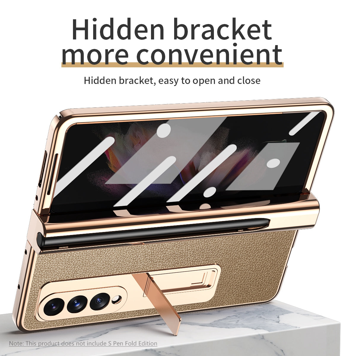 Litchi Texture Screen Protector PU Leather Coated TPU + PC Kickstand Phone Case Shell with Hinge Pen Holder for Samsung Galaxy Z Fold3 5G