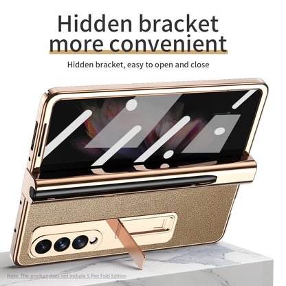 Litchi Texture Screen Protector PU Leather Coated TPU + PC Kickstand Phone Case Shell with Hinge Pen Holder for Samsung Galaxy Z Fold3 5G