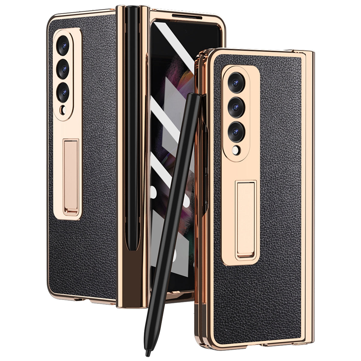 Litchi Texture Screen Protector PU Leather Coated TPU + PC Kickstand Phone Case Shell with Hinge Pen Holder for Samsung Galaxy Z Fold3 5G