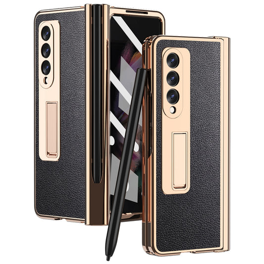 Litchi Texture Screen Protector PU Leather Coated TPU + PC Kickstand Phone Case Shell with Hinge Pen Holder for Samsung Galaxy Z Fold3 5G