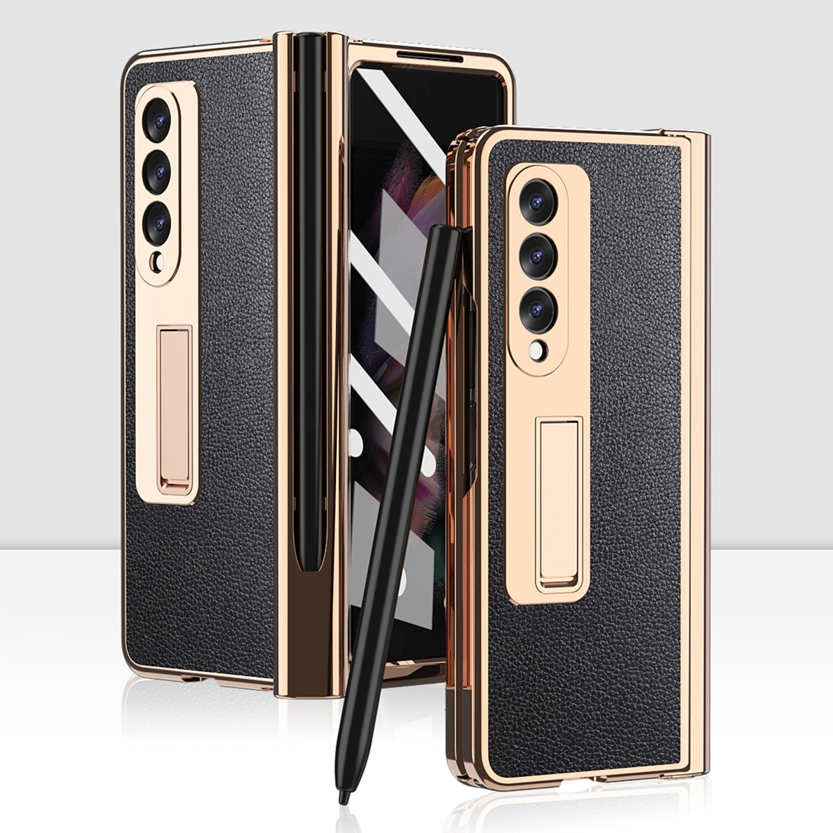 Litchi Texture Screen Protector PU Leather Coated TPU + PC Kickstand Phone Case Shell with Hinge Pen Holder for Samsung Galaxy Z Fold3 5G