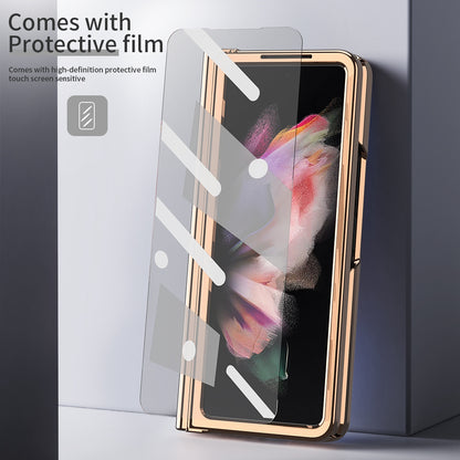 Litchi Texture Screen Protector PU Leather Coated TPU + PC Kickstand Phone Case Shell with Hinge Pen Holder for Samsung Galaxy Z Fold3 5G