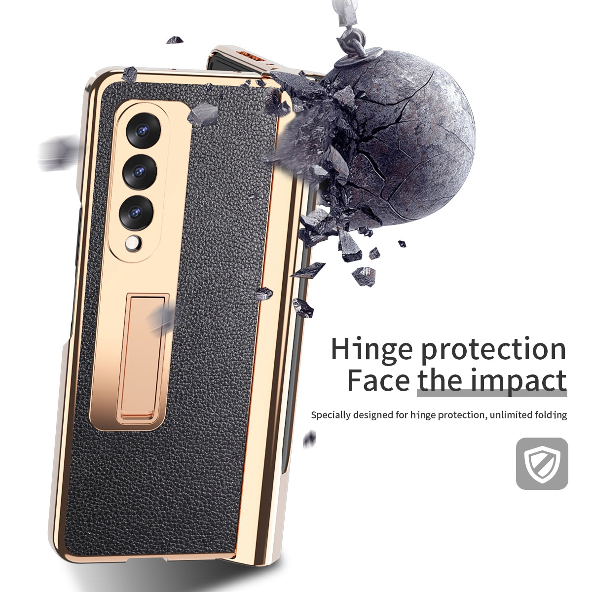 Litchi Texture Screen Protector PU Leather Coated TPU + PC Kickstand Phone Case Shell with Hinge Pen Holder for Samsung Galaxy Z Fold3 5G