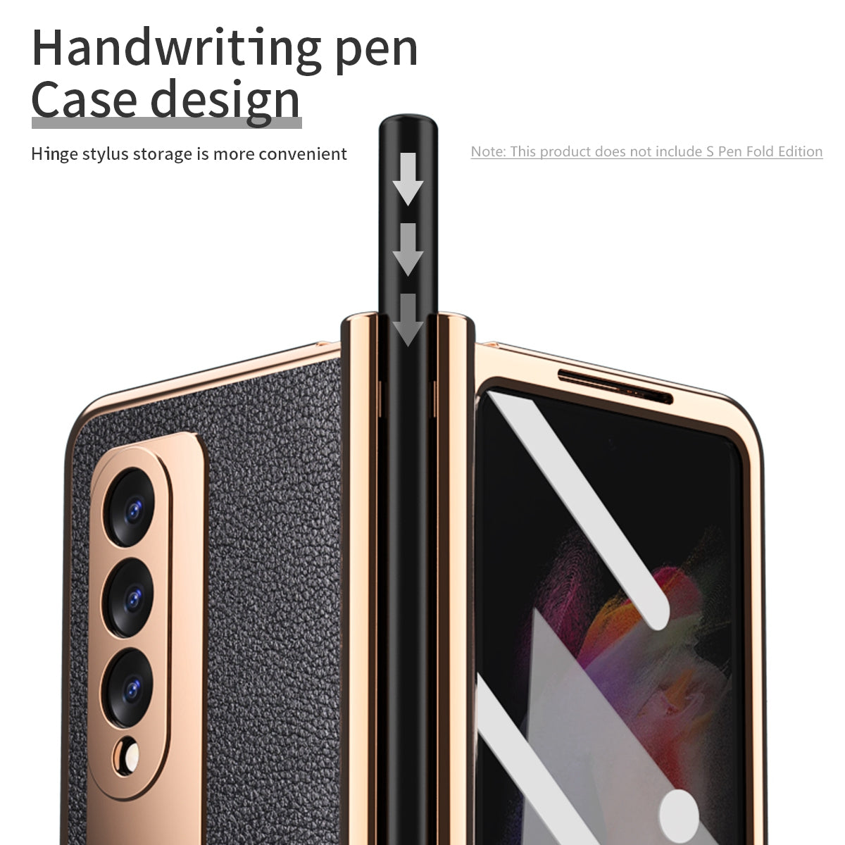 Litchi Texture Screen Protector PU Leather Coated TPU + PC Kickstand Phone Case Shell with Hinge Pen Holder for Samsung Galaxy Z Fold3 5G