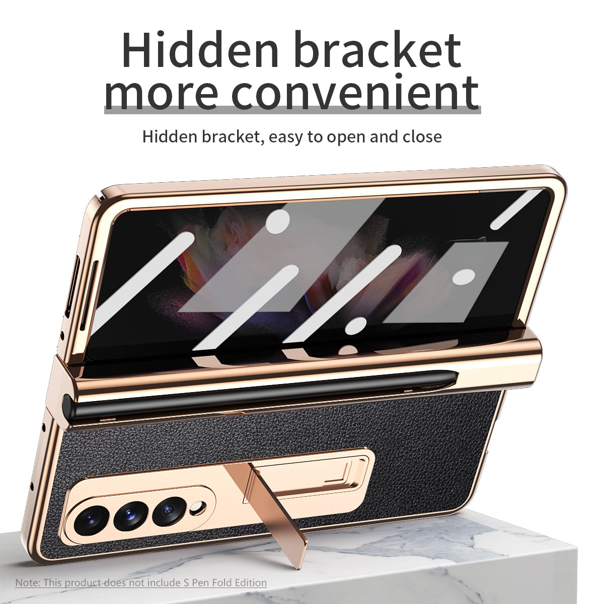 Litchi Texture Screen Protector PU Leather Coated TPU + PC Kickstand Phone Case Shell with Hinge Pen Holder for Samsung Galaxy Z Fold3 5G