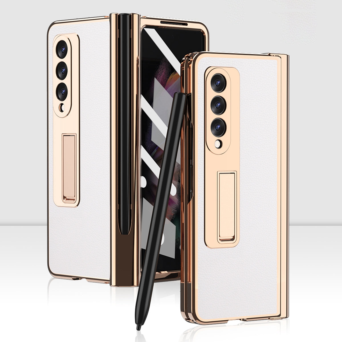 Litchi Texture Screen Protector PU Leather Coated TPU + PC Kickstand Phone Case Shell with Hinge Pen Holder for Samsung Galaxy Z Fold3 5G