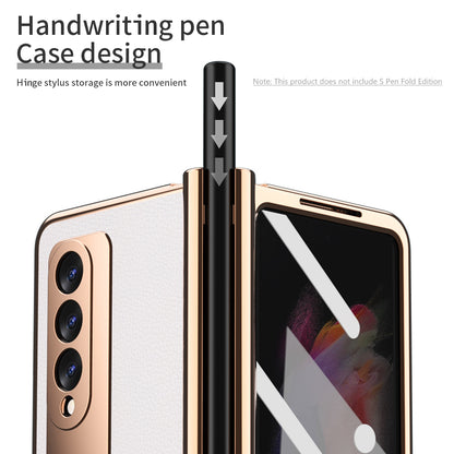 Litchi Texture Screen Protector PU Leather Coated TPU + PC Kickstand Phone Case Shell with Hinge Pen Holder for Samsung Galaxy Z Fold3 5G
