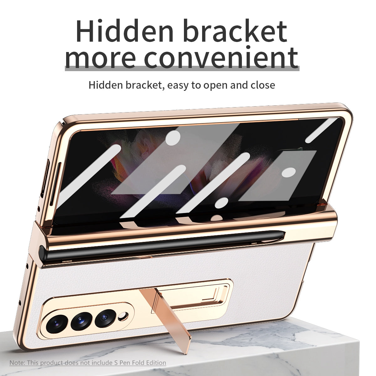 Litchi Texture Screen Protector PU Leather Coated TPU + PC Kickstand Phone Case Shell with Hinge Pen Holder for Samsung Galaxy Z Fold3 5G