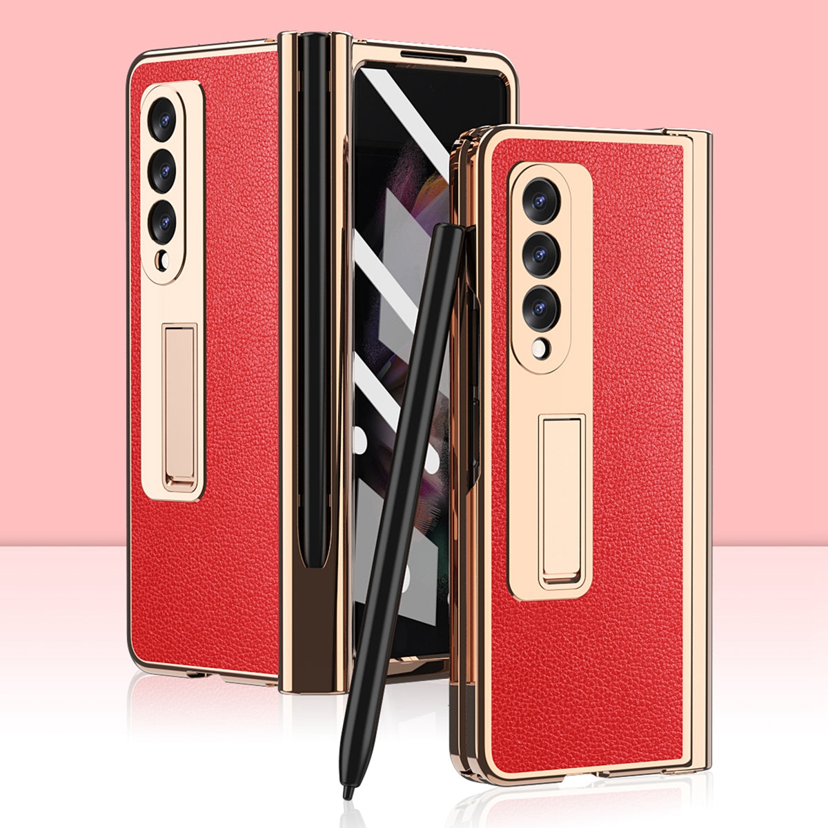 Litchi Texture Screen Protector PU Leather Coated TPU + PC Kickstand Phone Case Shell with Hinge Pen Holder for Samsung Galaxy Z Fold3 5G