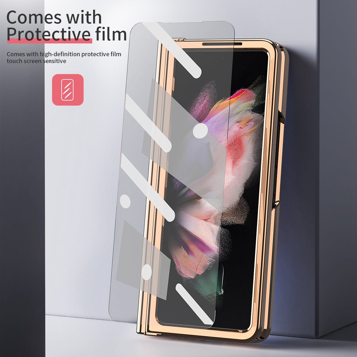 Litchi Texture Screen Protector PU Leather Coated TPU + PC Kickstand Phone Case Shell with Hinge Pen Holder for Samsung Galaxy Z Fold3 5G