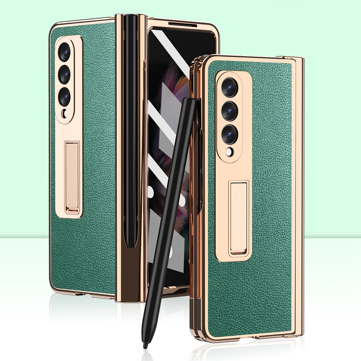 Litchi Texture Screen Protector PU Leather Coated TPU + PC Kickstand Phone Case Shell with Hinge Pen Holder for Samsung Galaxy Z Fold3 5G