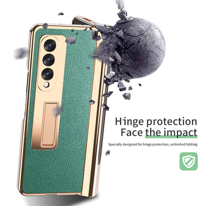 Litchi Texture Screen Protector PU Leather Coated TPU + PC Kickstand Phone Case Shell with Hinge Pen Holder for Samsung Galaxy Z Fold3 5G