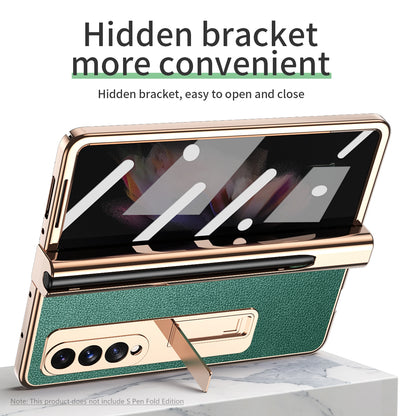 Litchi Texture Screen Protector PU Leather Coated TPU + PC Kickstand Phone Case Shell with Hinge Pen Holder for Samsung Galaxy Z Fold3 5G